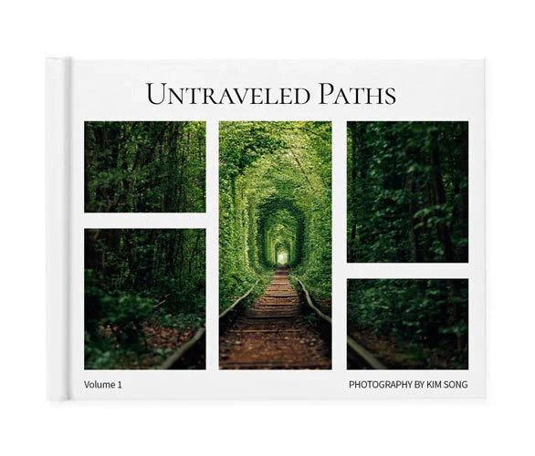 Layflat photography portfolio cover with white background, forest image grid layout, large title text, and photographer credit.