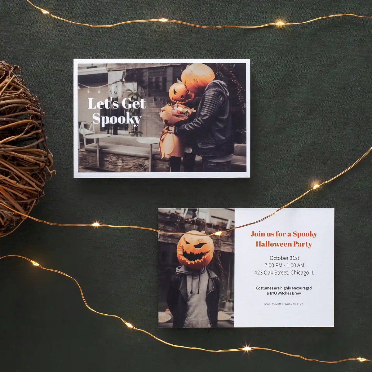 Two flat card Halloween party invitations featuring a couple wearing pumpkin masks, with 'Let's Get Spooky' and party details