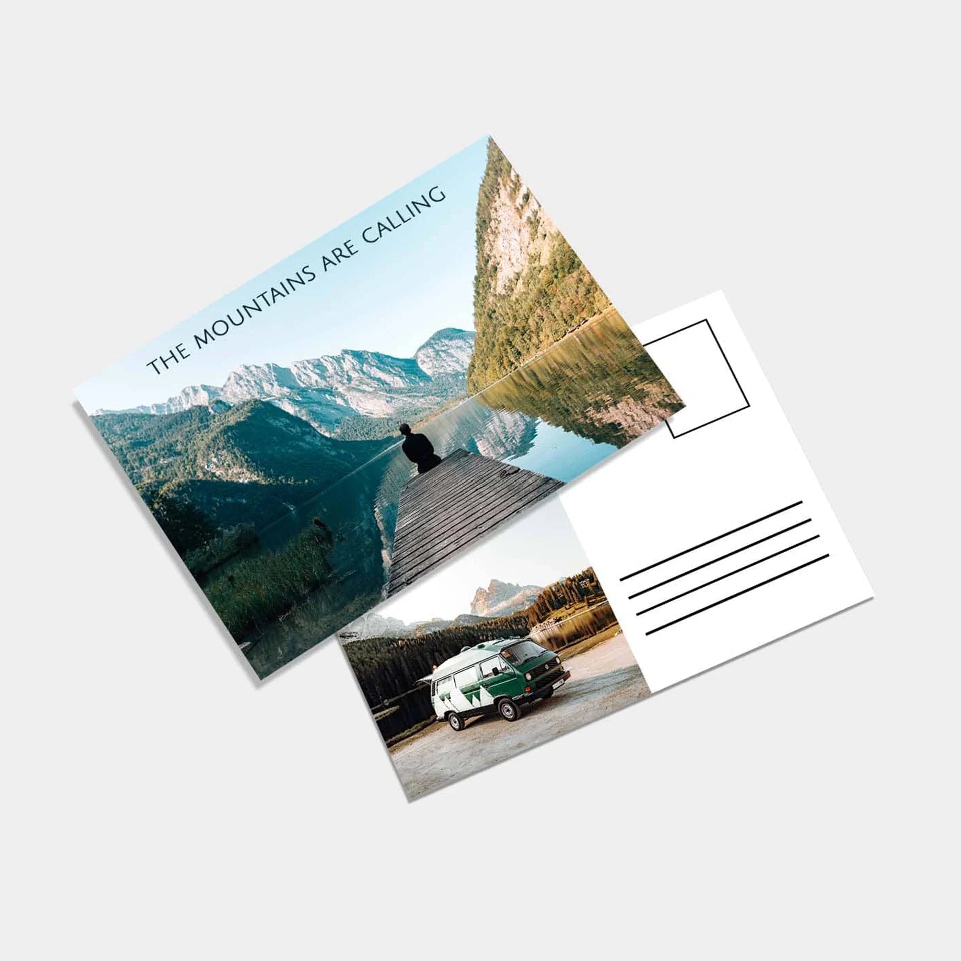 Set of flat travel postcards with mountain lake photo on front and blank address layout on back.