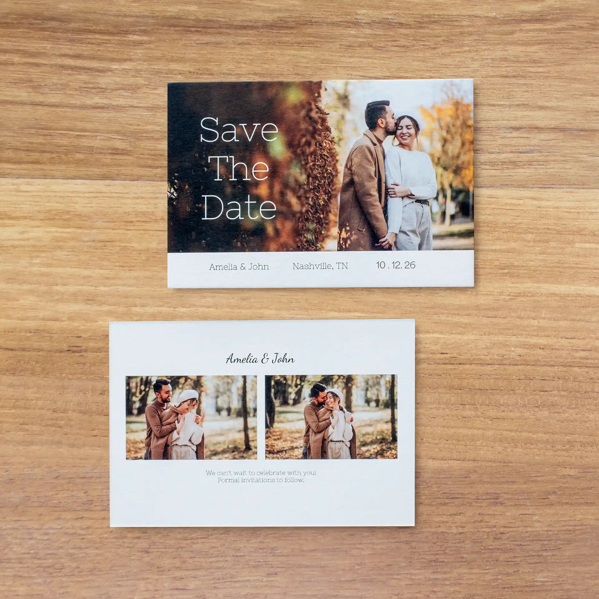 Two flat 'Save the Date' wedding cards featuring a couple in an autumn park, with wedding details and additional photos on the back.
