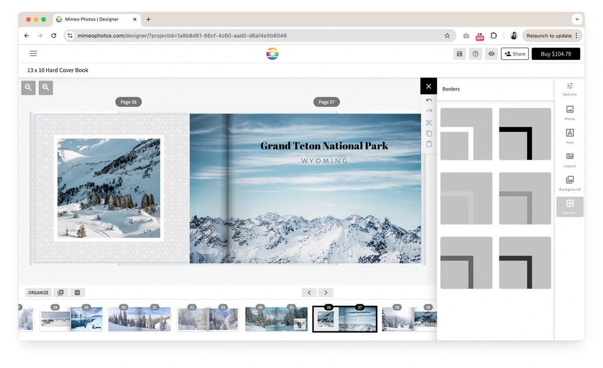Desktop photo book editor showing a winter mountain spread titled “Grand Teton National Park – Wyoming,” with border style options open on the right panel.