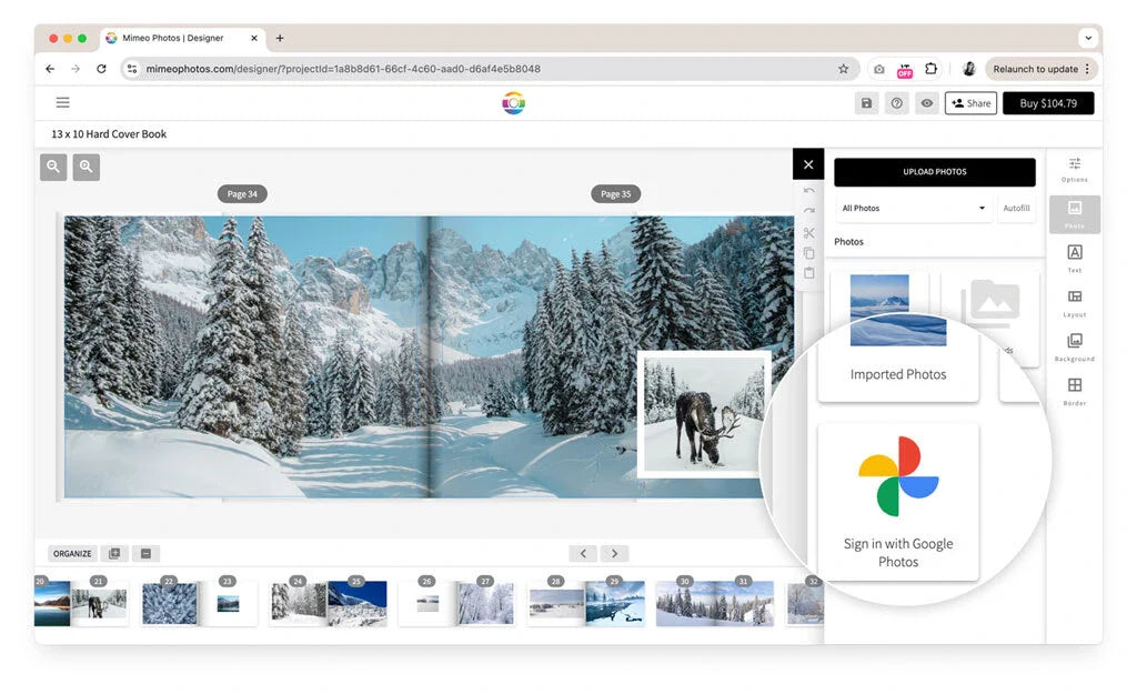 Photo book design interface with a snowy forest spread open and an upload panel highlighting imported photos and Google Photos sign-in options.