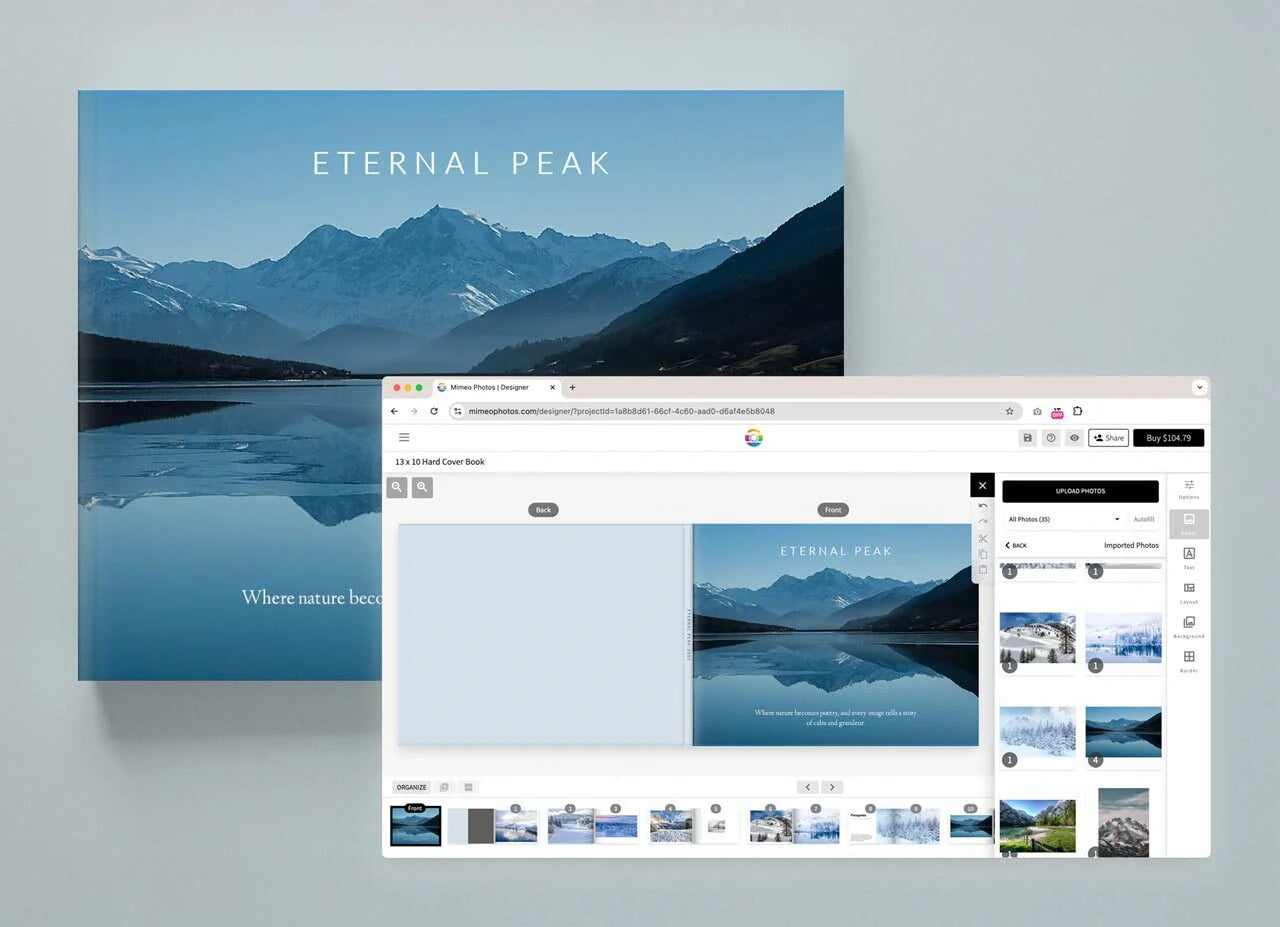 Hardcover photo book titled “Eternal Peak” featuring a mountain landscape cover, shown alongside the online editor previewing the same cover design.