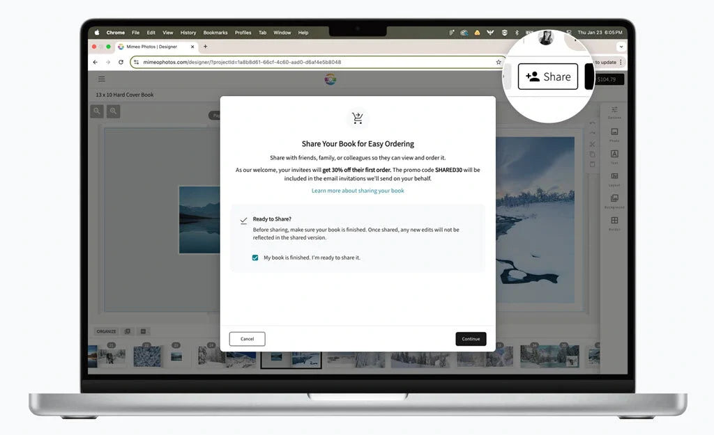 Laptop screen displaying a “Share Your Book for Easy Ordering” pop-up window within the photo book editor, with the share button highlighted in the top corner.