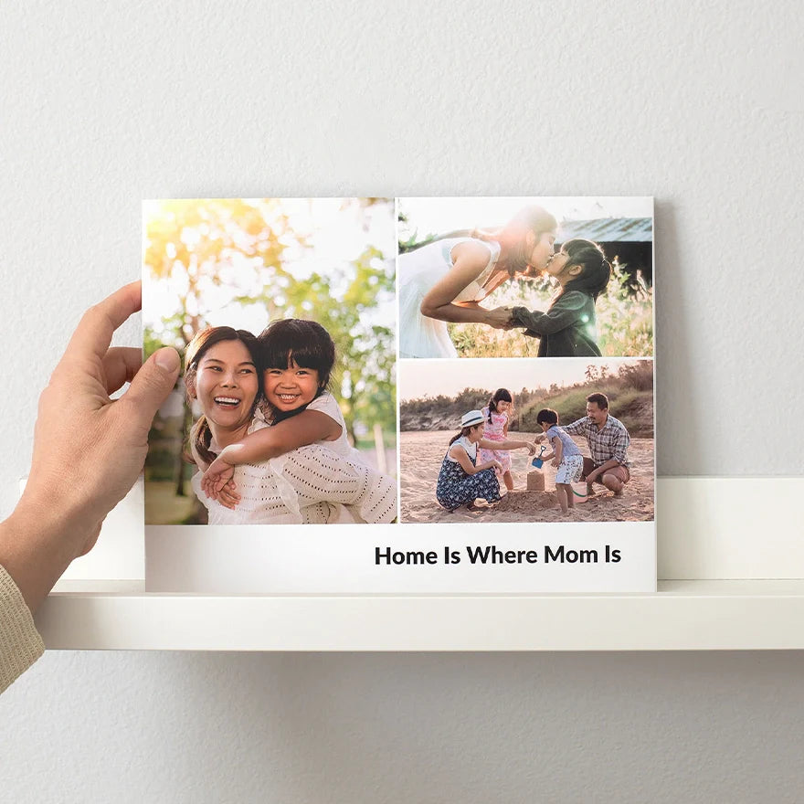 Hardcover photo book with a collage of family moments and the text “Home Is Where Mom Is” on the cover.