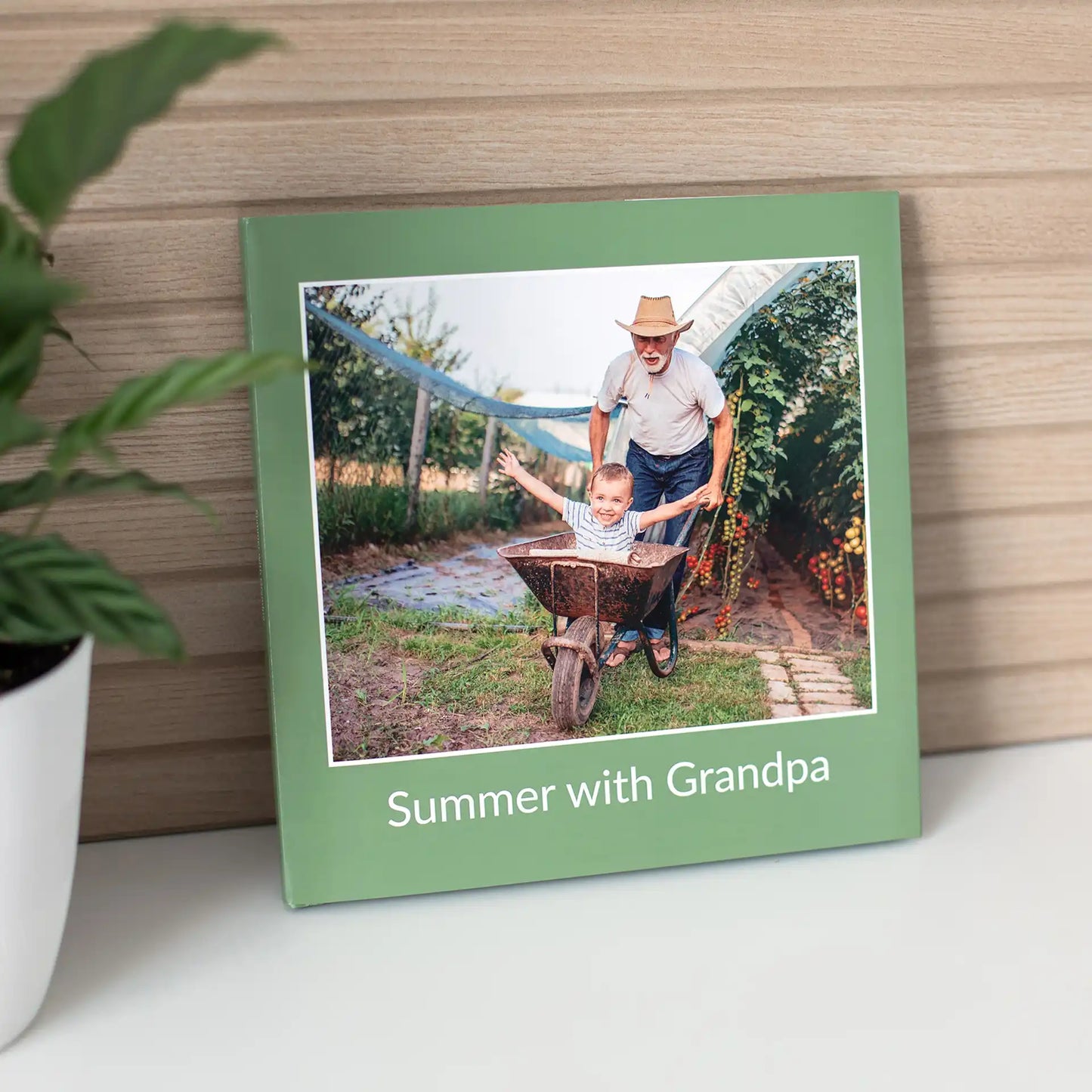 Hardcover photo book with green cover showing grandparent pushing child in wheelbarrow, with printed title text, displayed on shelf beside plant.