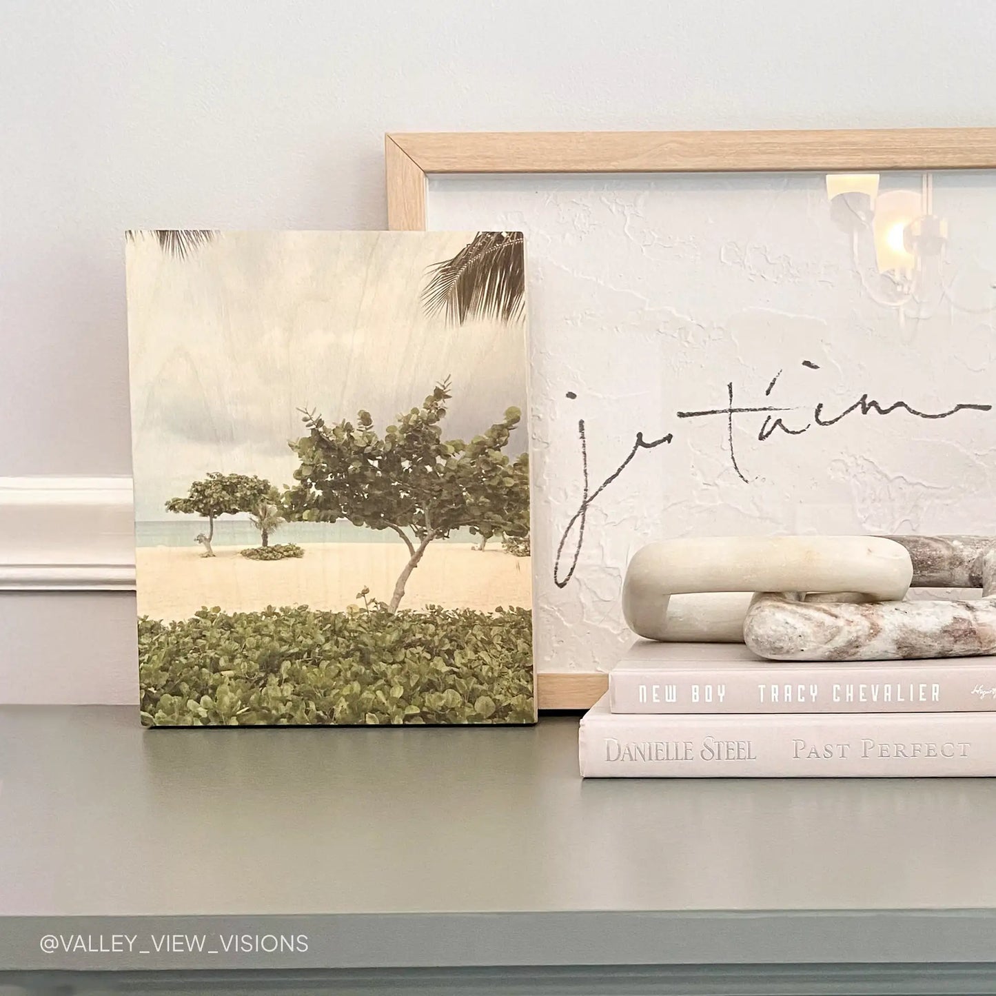 Maple wood print featuring tropical trees along a sandy beach with ocean and distant hills, displayed on a shelf beside framed art and stacked books.