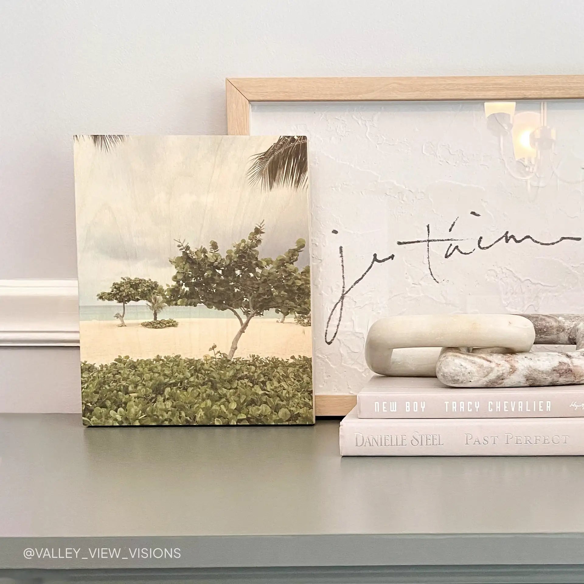 Maple wood print featuring tropical trees along a sandy beach with ocean and distant hills, displayed on a shelf beside framed art and stacked books.