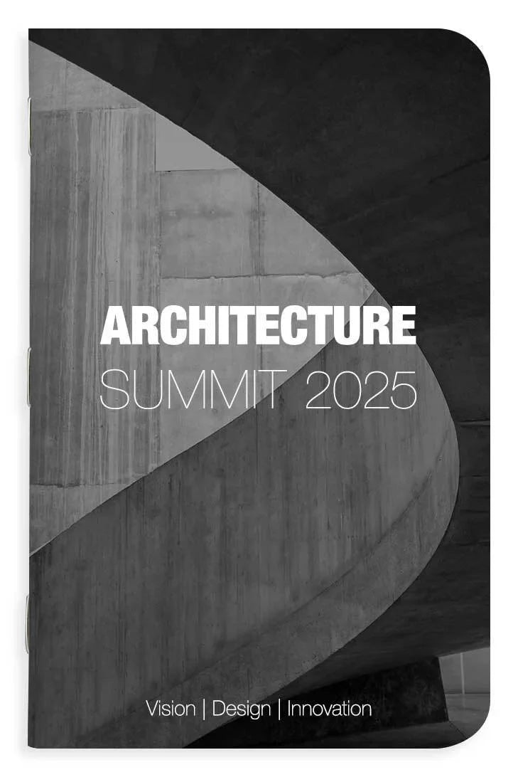 Promotional memo book for Architecture Summit 2025 with architectural elements and text.