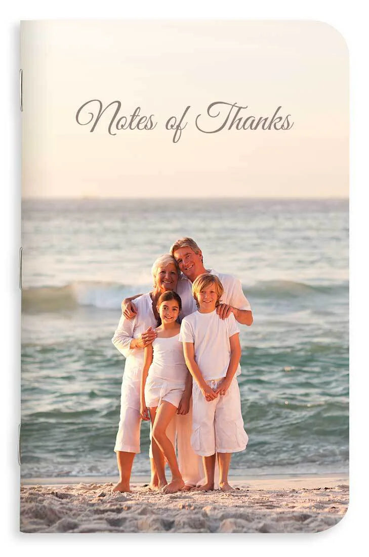 Memo book with a family photo on a beach and 'Notes of Thanks' text.