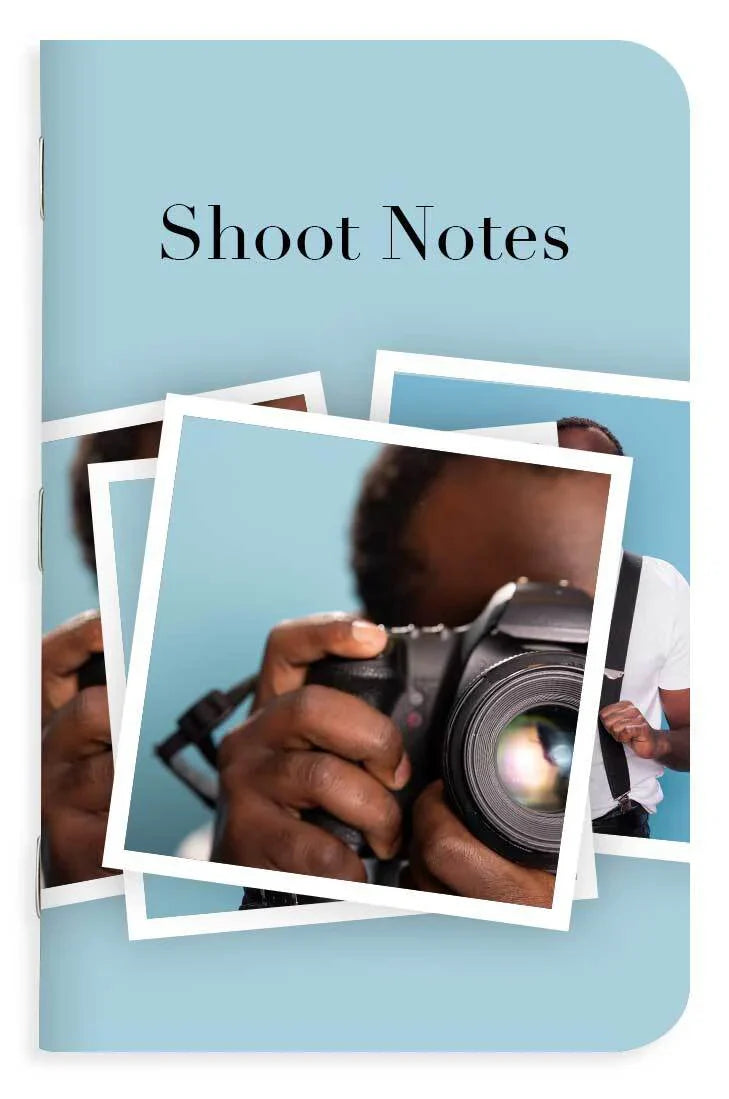 Memo book titled 'Shoot Notes' with images of a person holding a camera on a light blue background