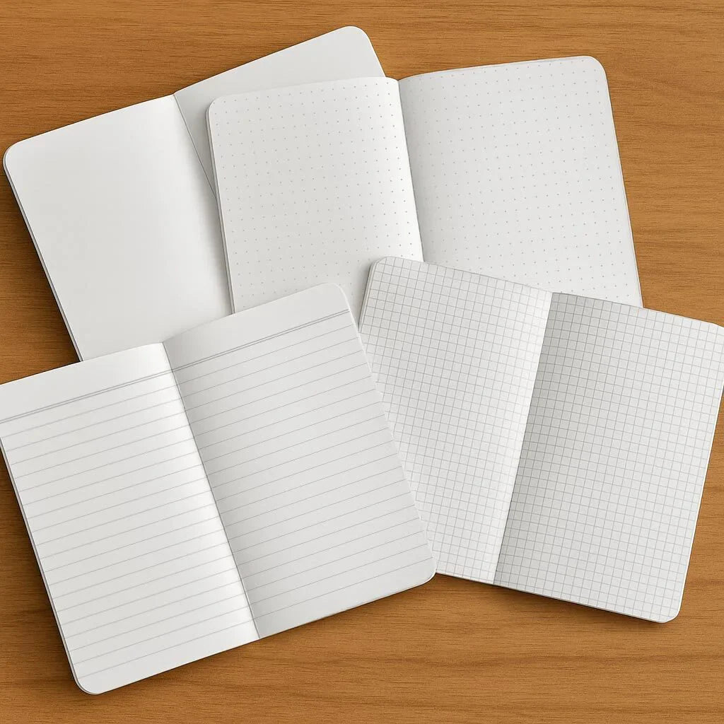 Open pocket-sized memo books displayed on a wooden surface showing blank, ruled, dot grid, and graph paper page styles.