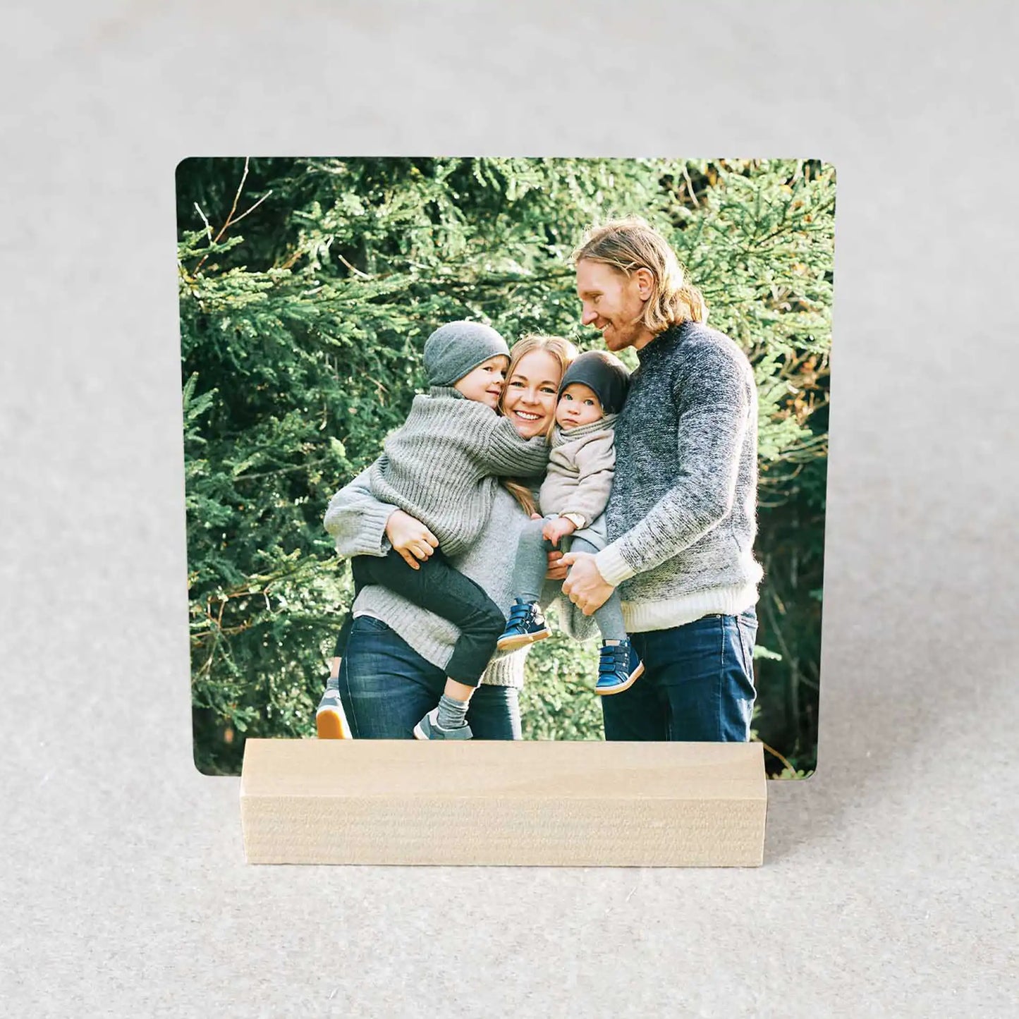 Metal desk print of a family holding two young children outdoors in front of evergreen trees, displayed on a light fabric surface.