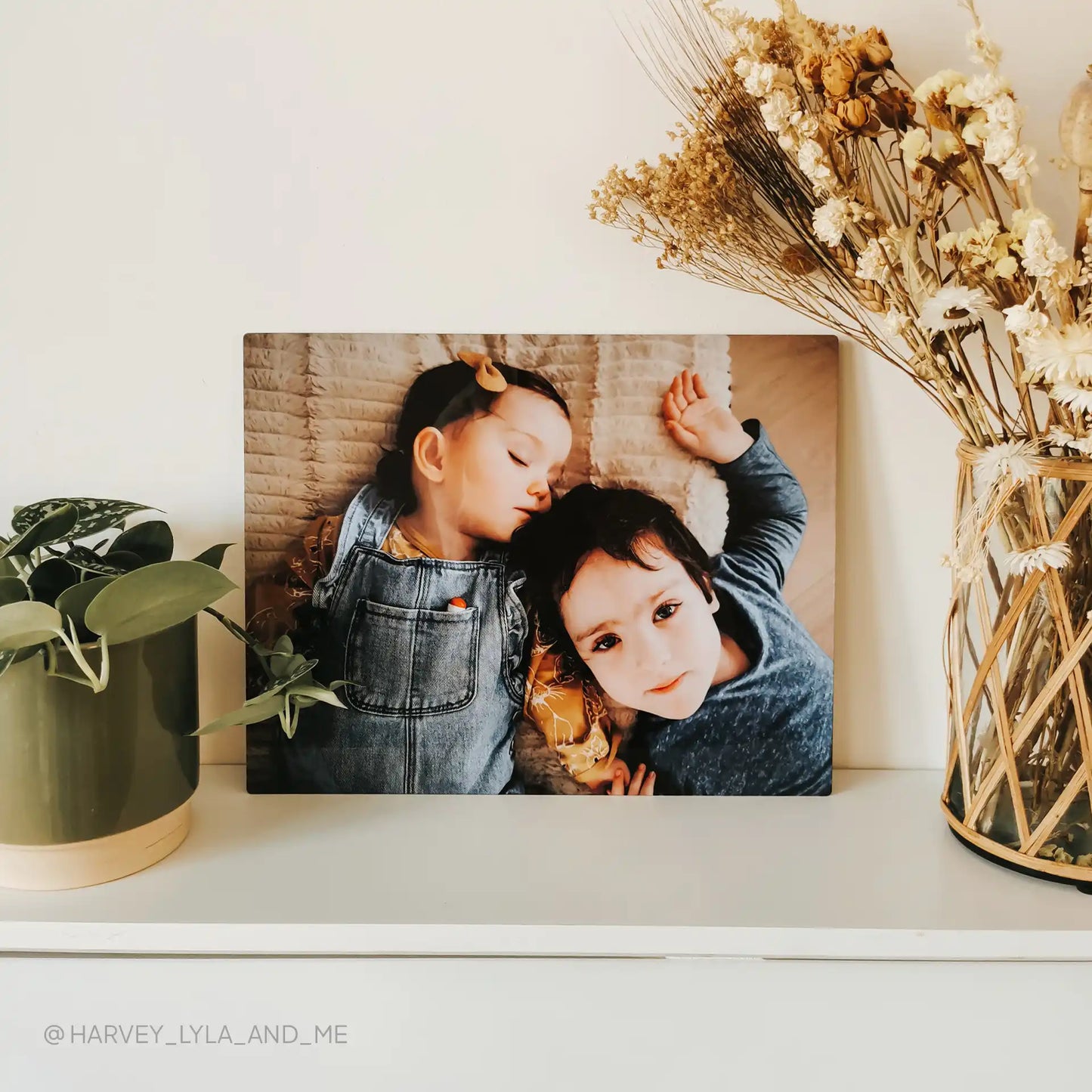 Metal print of two children lying side by side indoors, displayed on a white shelf between a green potted plant and dried floral arrangement.