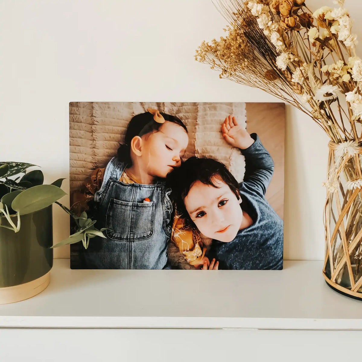 Metal photo print of two young siblings lying together on a cozy blanket, displayed on a white shelf between plants.