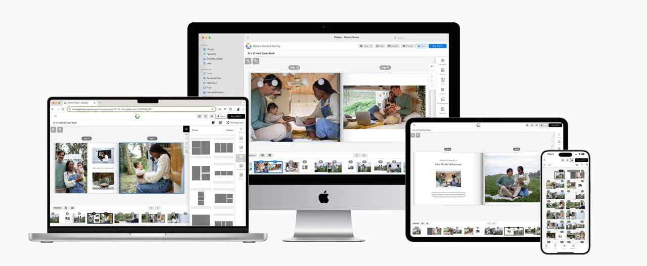 Desktop computer, laptop, tablet, and smartphone displaying a photo book design editor with a family-themed spread, demonstrating seamless cross-device editing.