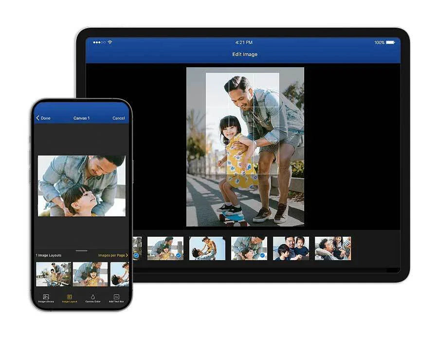 Tablet and smartphone displaying a mobile photo editing interface with a parent and child image and crop grid tools visible.