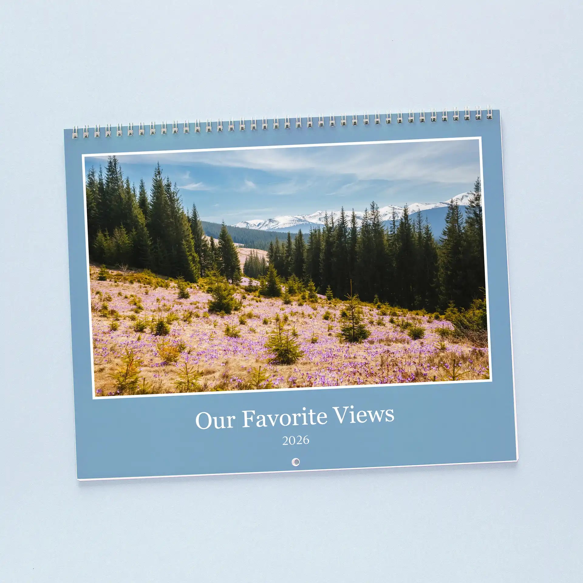Wall calendar with spiral binding displaying mountain landscape with pine trees and wildflowers, cover text reads “Our Favorite Views 2026.”