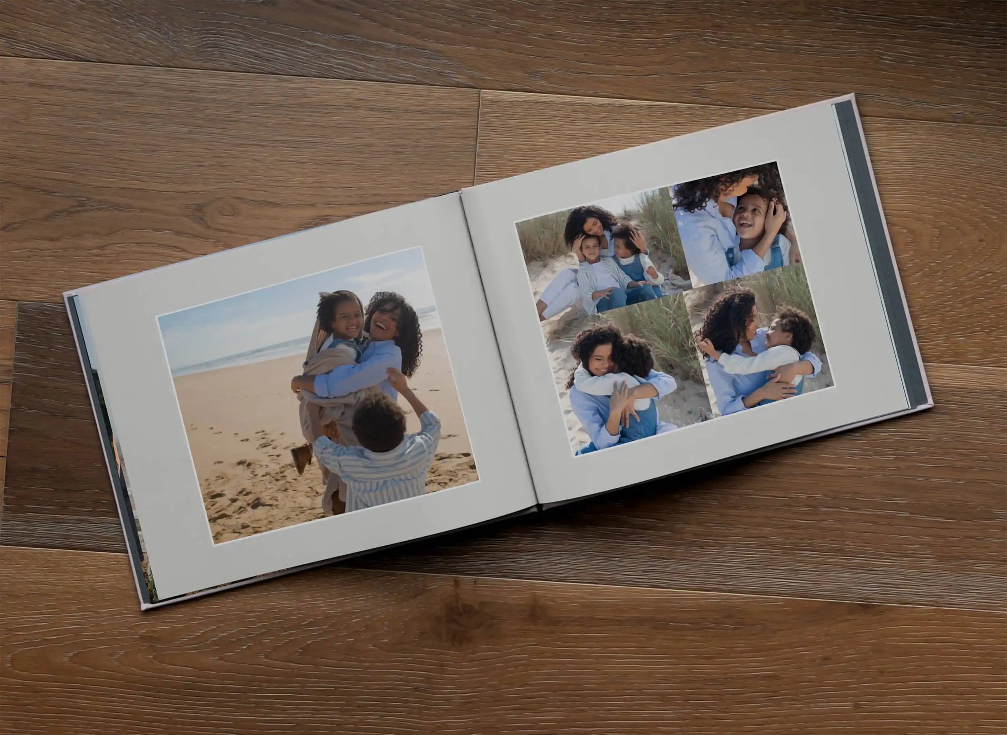 Open Apple photo book with family photos on a beach, showcasing high-quality print and layout design