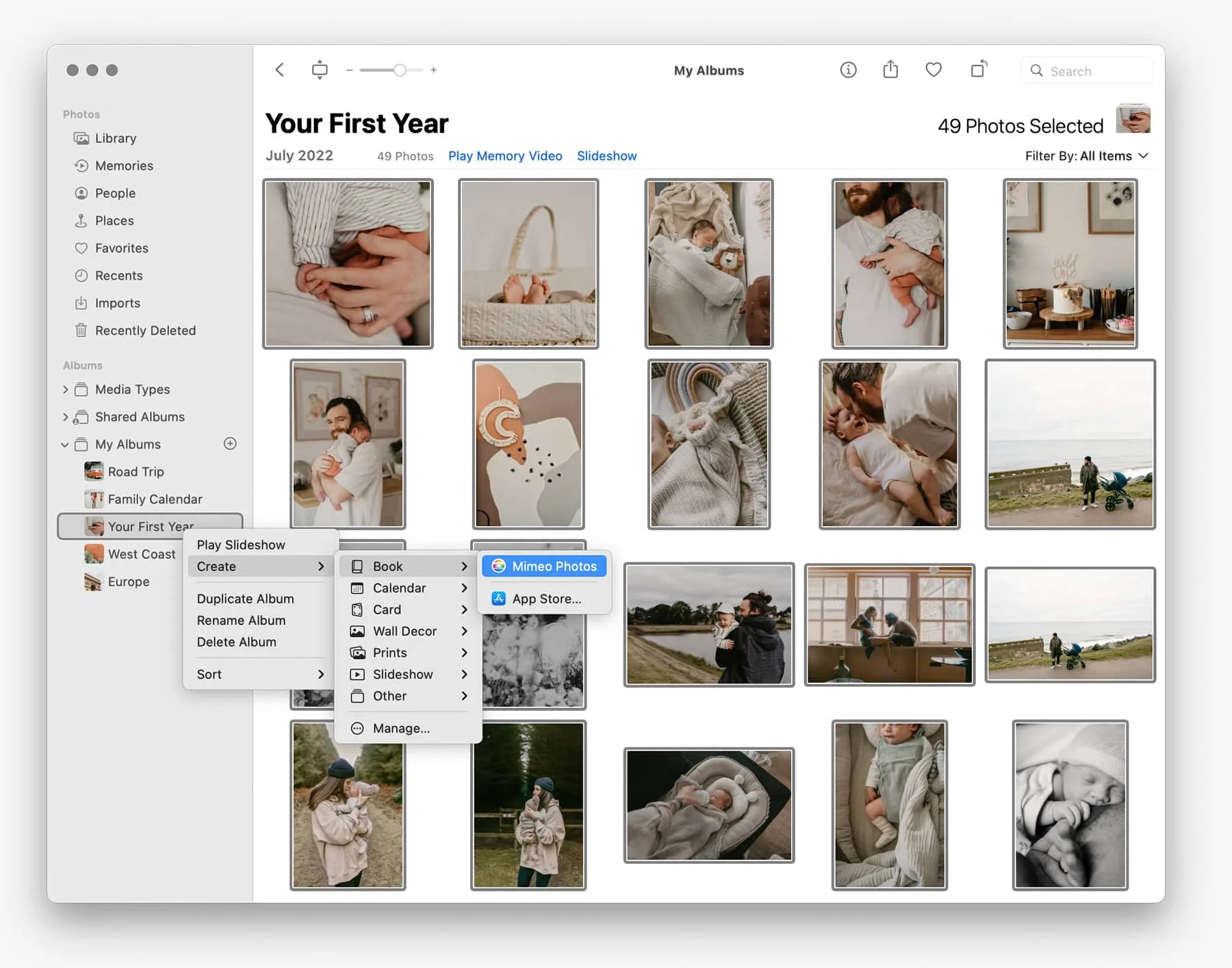 Apple Photos library on macOS selecting images to create a photo book with Mimeo Photos app
