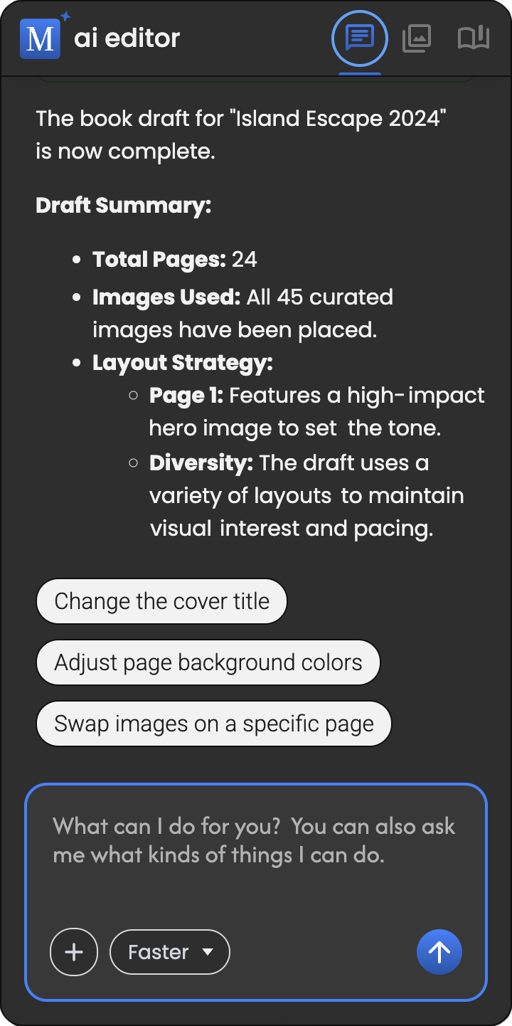 Motif AI editor interface with book draft summary for 'Island Escape 2024' on a dark background