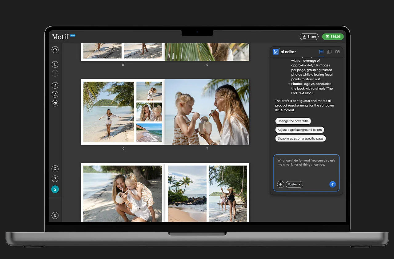 Laptop displaying Motif AI Print Studio photo book design software with beach vacation images arranged in a multi-photo page layout and editing panel.