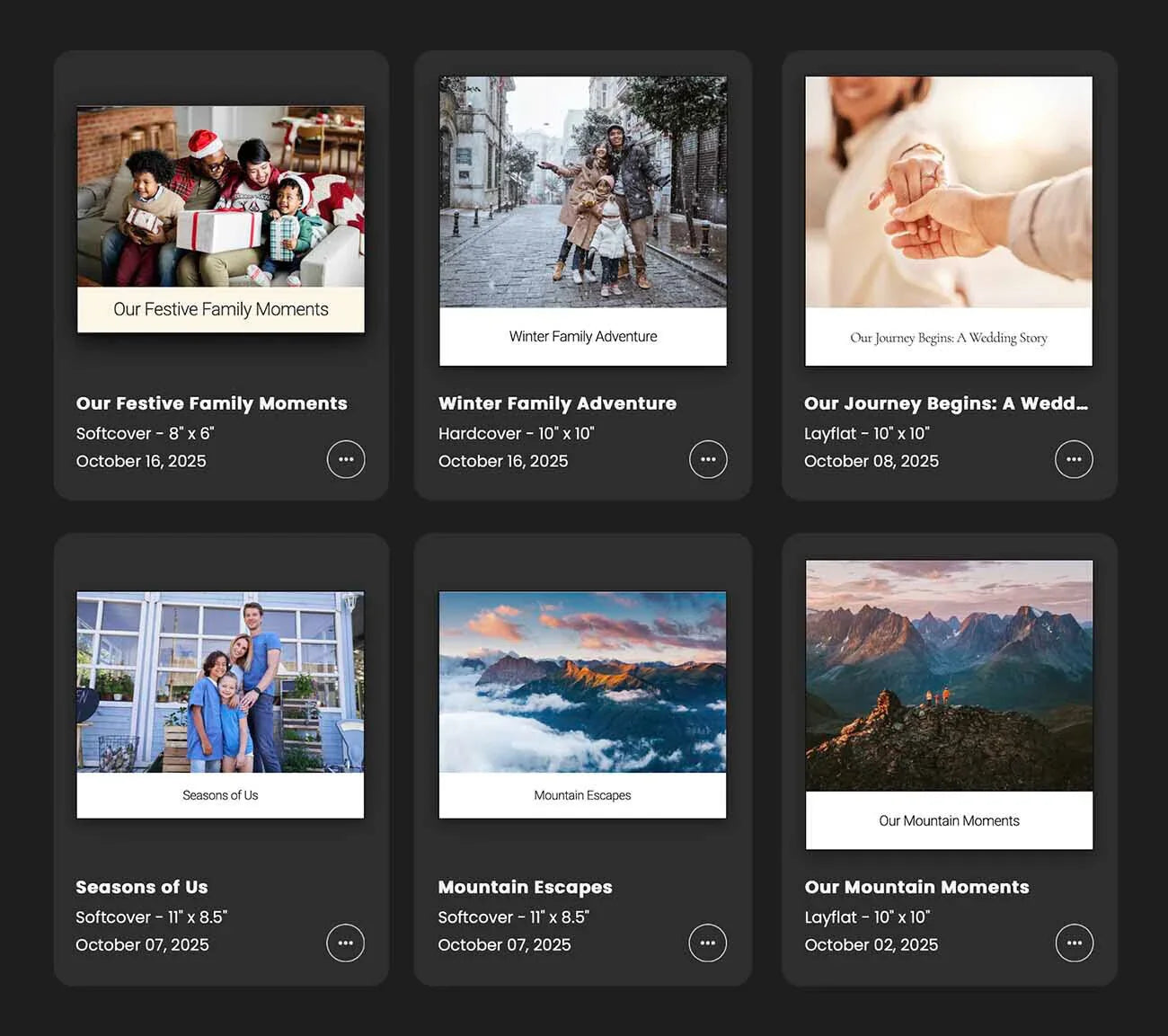 Photo book project dashboard displaying multiple softcover, hardcover, and layflat book thumbnails with titles, sizes, and dates on a dark interface.
