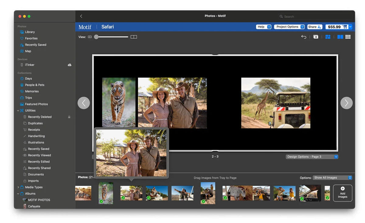 Photo book editor open to a safari-themed spread with a tiger, a couple in safari attire, and a giraffe near a safari vehicle, with image thumbnails along the bottom.