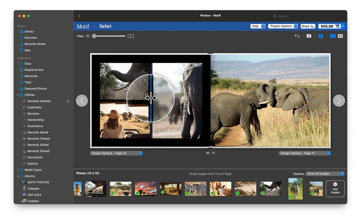 Photo book spread featuring elephants across two pages, with a draggable center guideline shown for adjusting the layout.