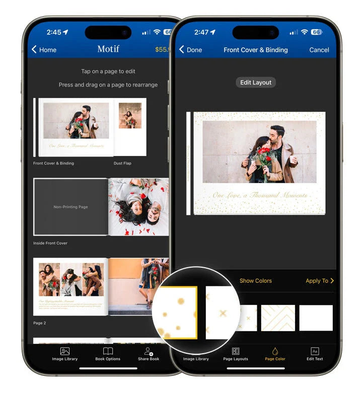 Two smartphone screens displaying the book overview on the left and the front cover editing screen on the right, with page color options highlighted.