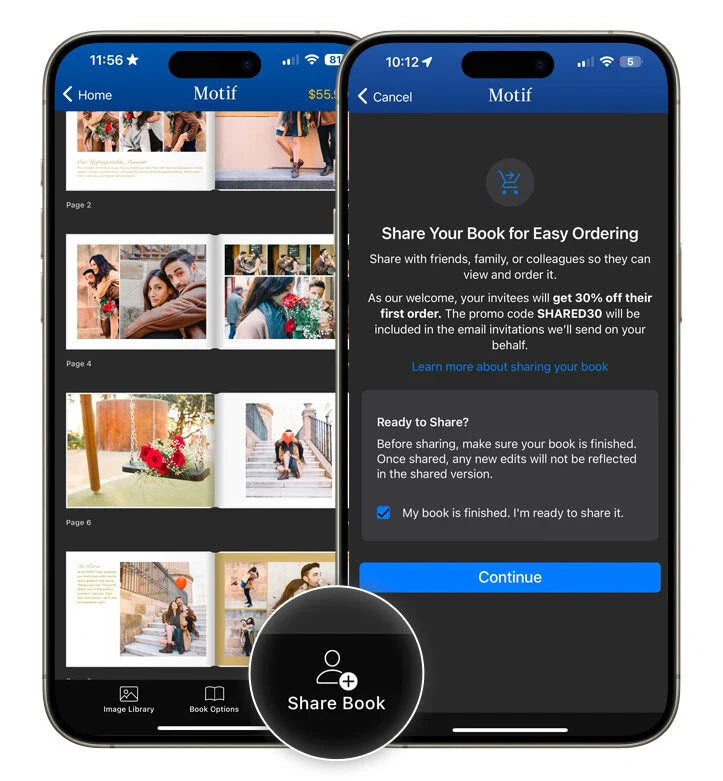 Two smartphone screens showing page thumbnails on the left and a “Share Your Book for Easy Ordering” pop-up on the right, with the Share Book button highlighted.