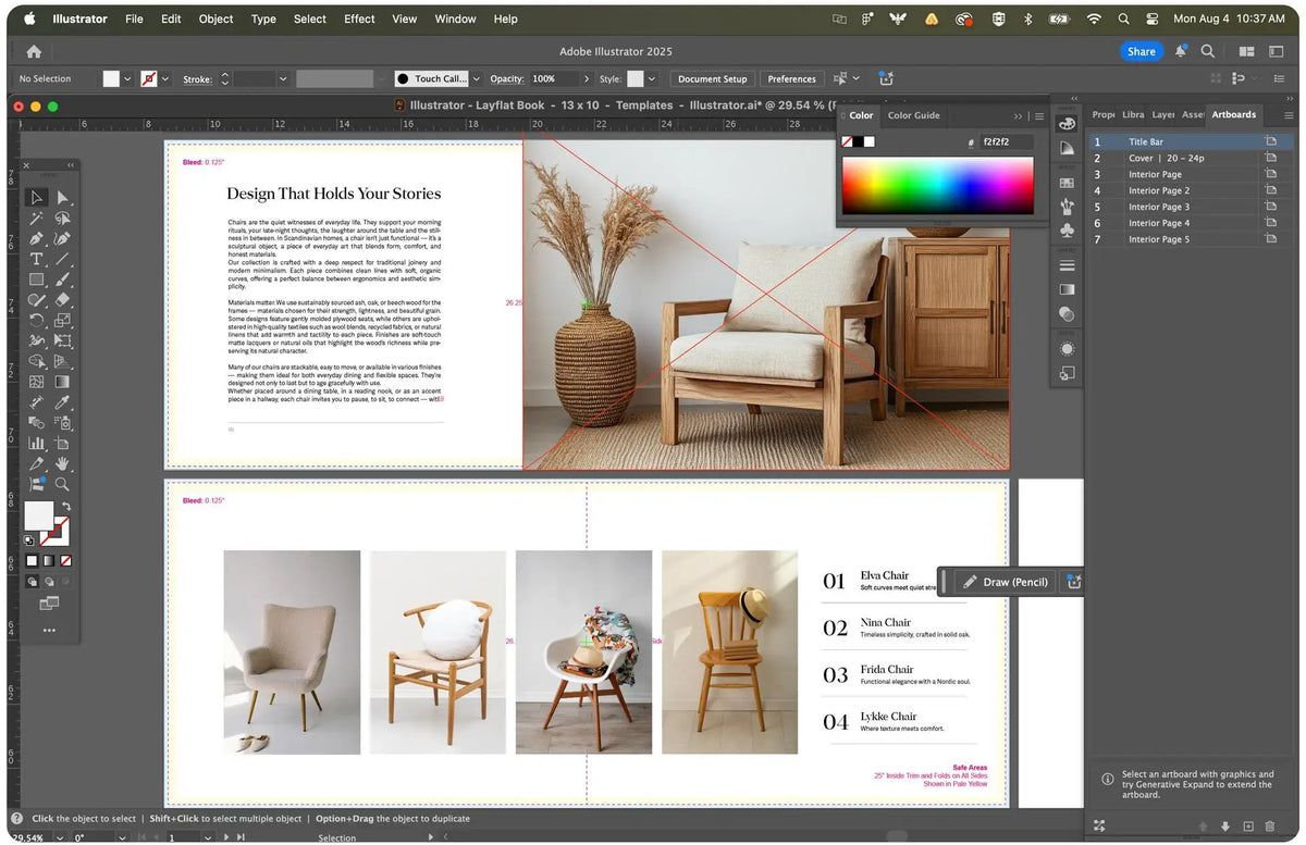 Computer screen showing Adobe Illustrator interface with multi-page catalog layout including product photos, text blocks, and design guides.