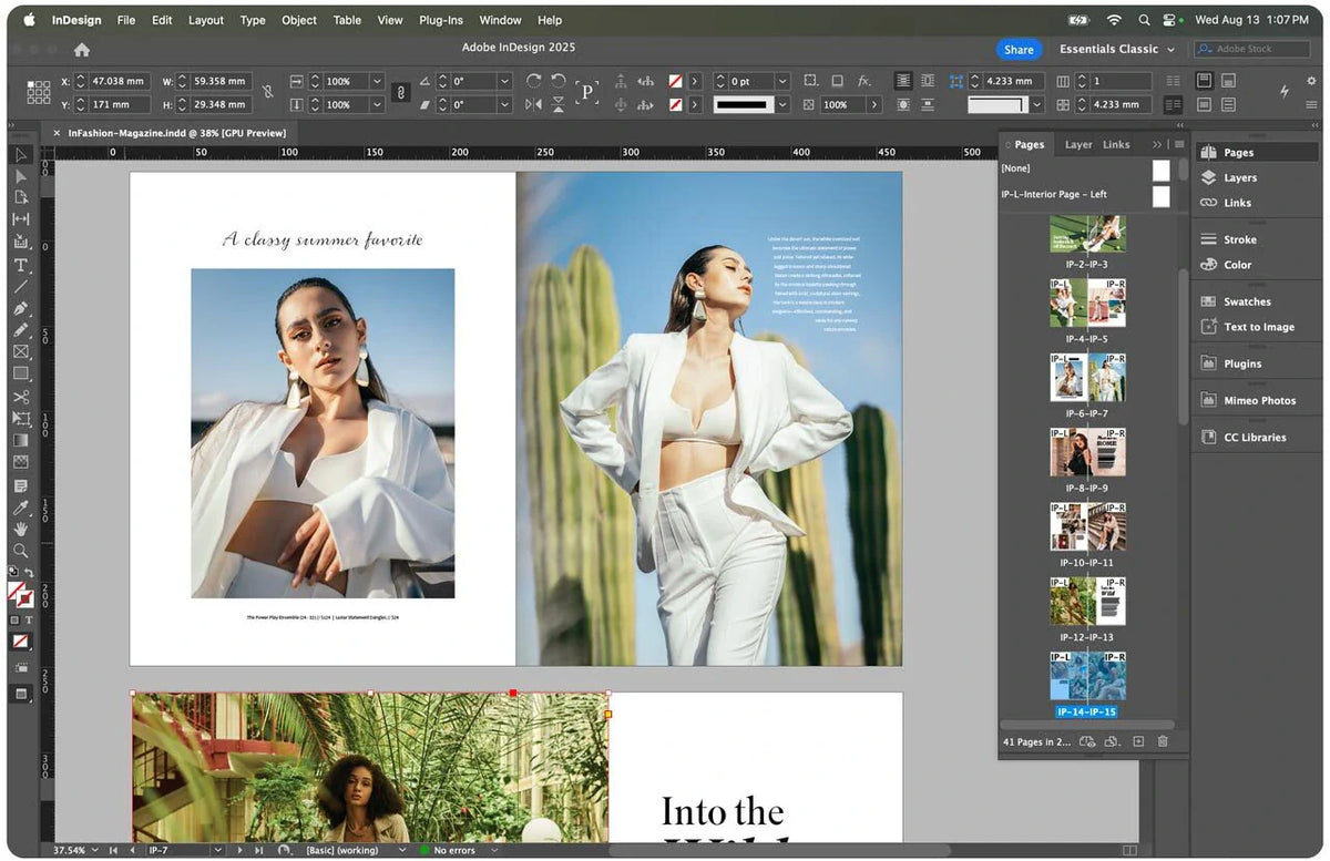 Adobe InDesign workspace displaying magazine-style photo layout with portrait photography and page thumbnails visible in the side panel.