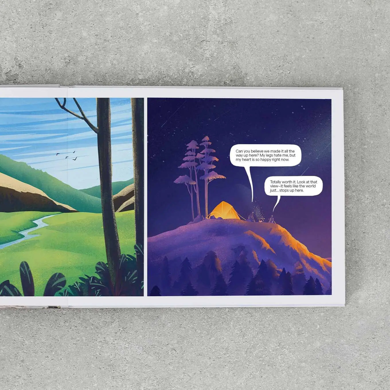 Open layflat photo book spread featuring illustrated landscape scene on one page and nighttime camping illustration with speech bubbles on the opposite page.