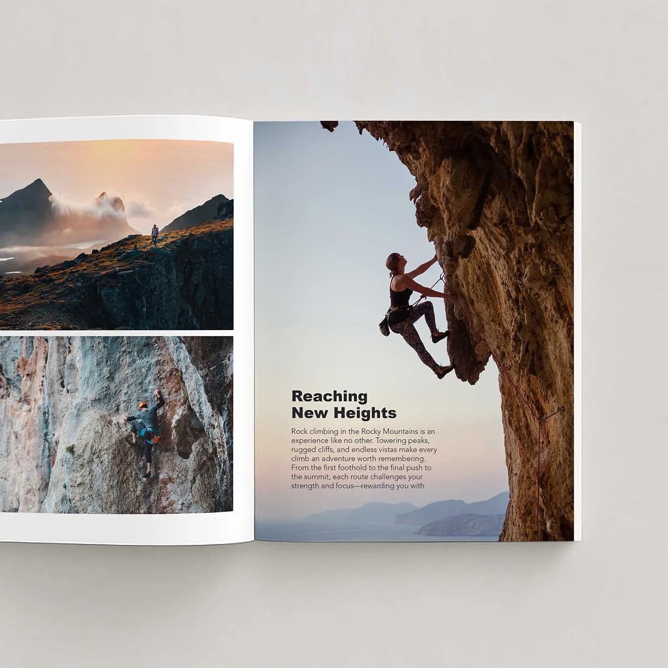 Open softcover photo book displaying rock climbing photography, including climbers on mountain cliffs and a full-page image of a person climbing a steep rock face.