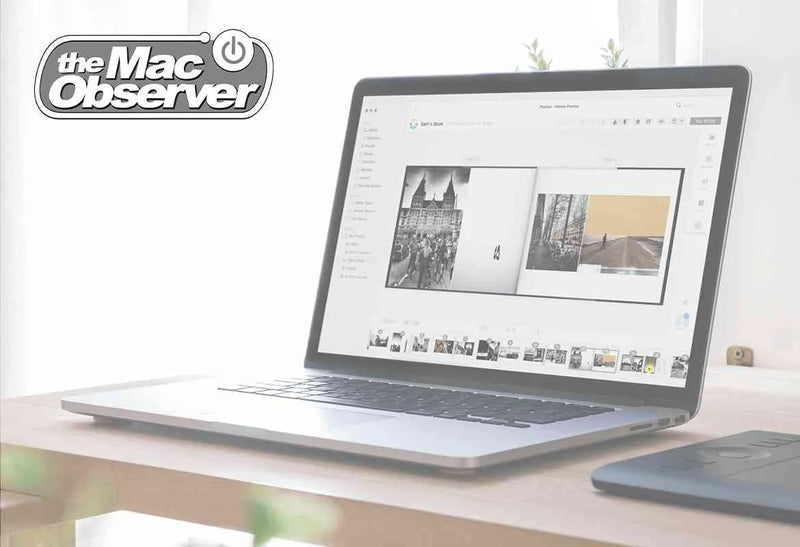 Laptop on a desk displaying a photo book editing interface with page layouts and photo thumbnails in a design application, featuring the Mac Observer logo.