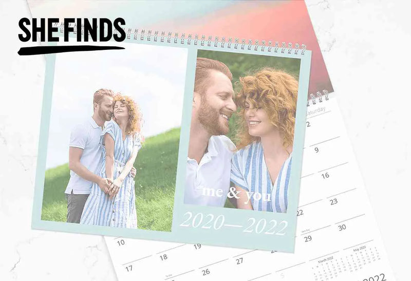 SheFinds logo above a spiral-bound wall calendar featuring two portrait photos of a smiling couple with the text “me & you 2020—2022.”