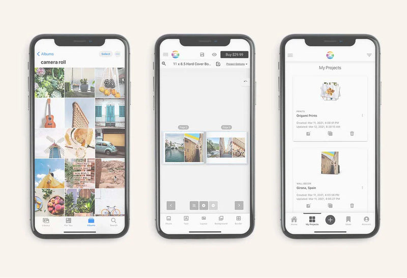 Three iPhone screens displaying camera roll photos, photo book editor layout with page thumbnails, and project dashboard in a mobile photo printing app interface.