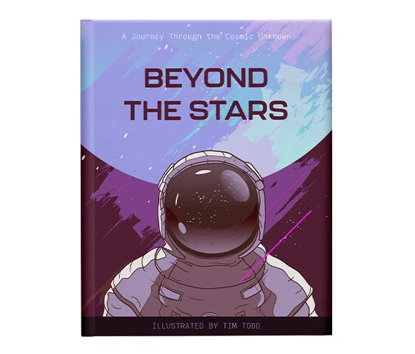 Softcover photo book cover featuring illustrated astronaut in space with bold title “Beyond the Stars” on purple cosmic background.