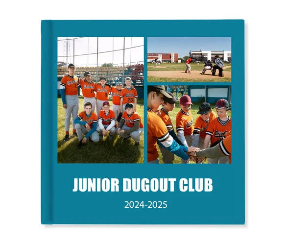 Softcover photo book cover with teal background and collage of youth baseball team photos labeled “Junior Dugout Club 2024–2025.”