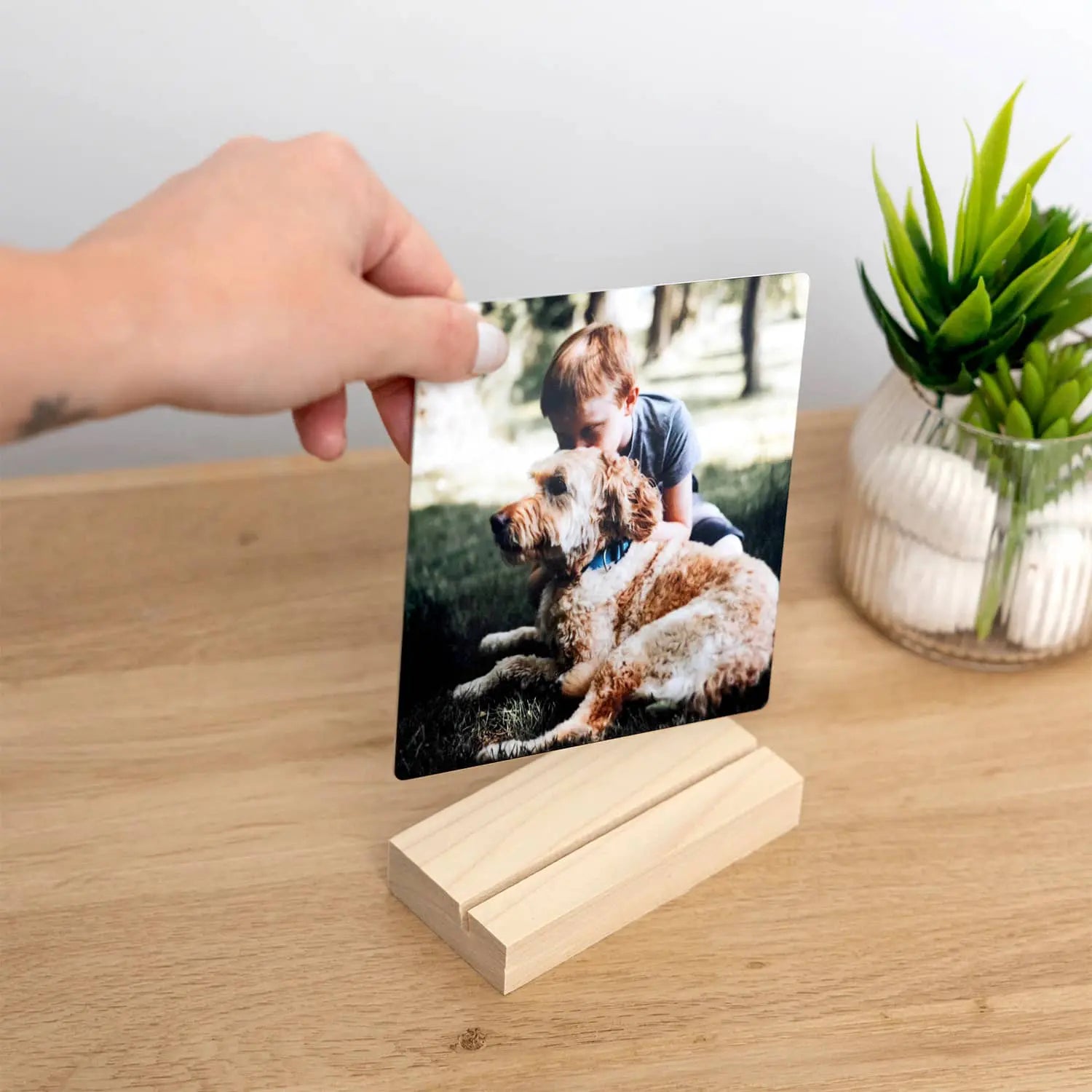 Hand holding a metal desk print of a child with a dog on a wooden stand with a plant in the background.