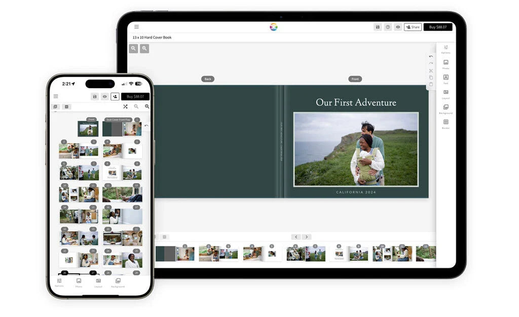 Tablet and smartphone displaying a photo book editor with a hardcover cover design titled “Our First Adventure – California 2024,” showing page thumbnails and editing tools.