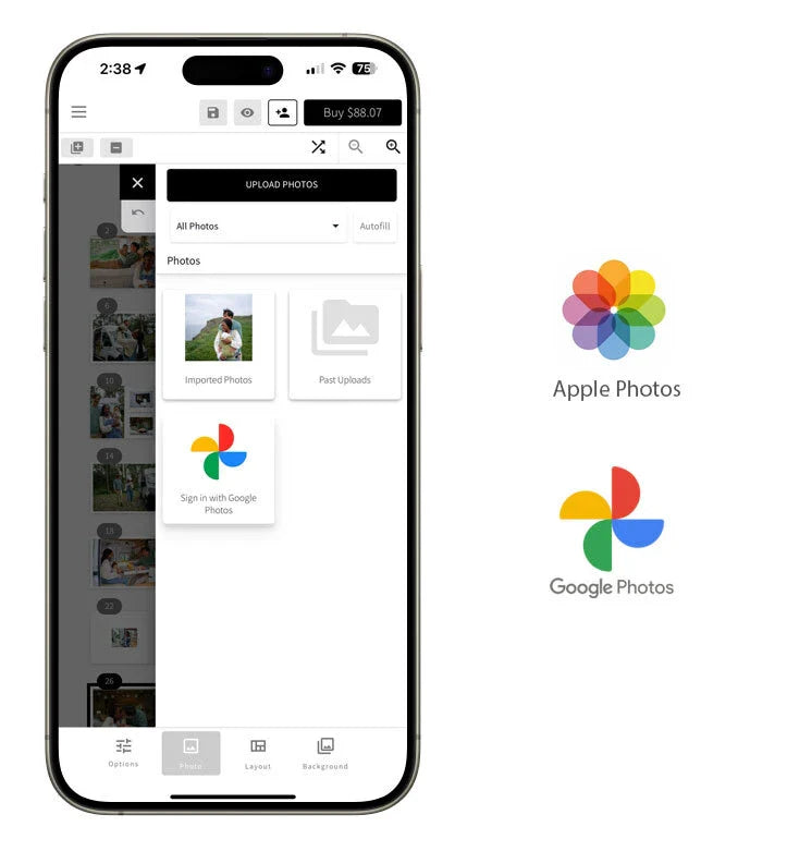 Smartphone screen showing the Upload Photos panel with options for Imported Photos, Past Uploads, and Sign in with Google Photos, alongside Apple Photos and Google Photos logos.