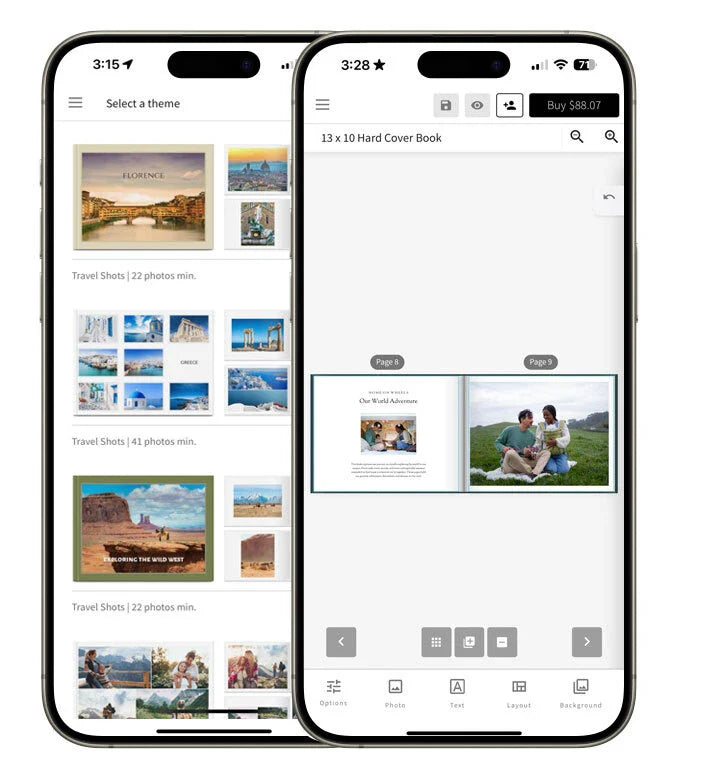 Two smartphone screens displaying theme selection options on the left and a photo book spread preview on the right within the mobile editor.