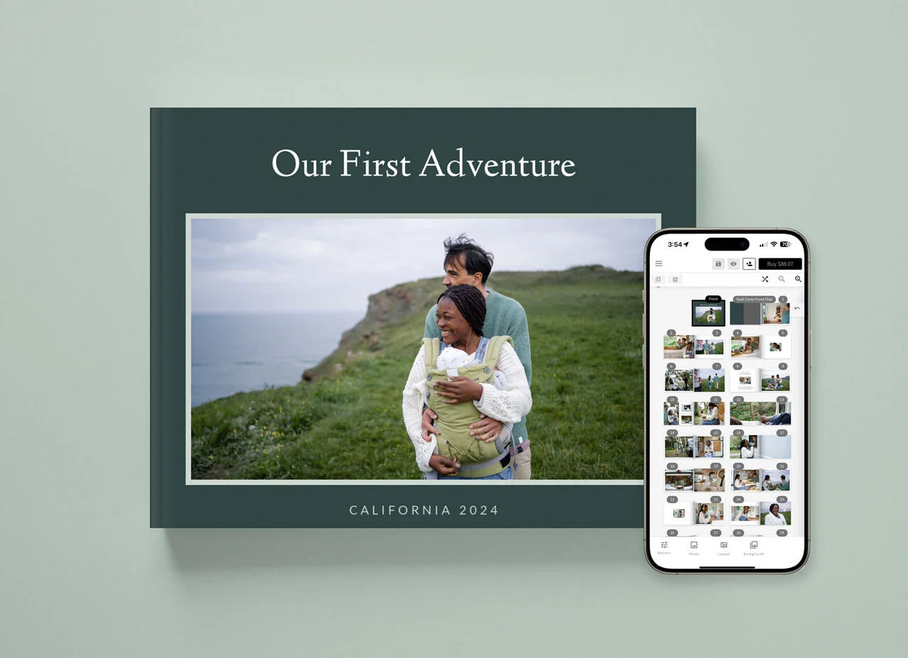 Hardcover photo book cover titled “Our First Adventure – California 2024” displayed next to a smartphone showing the mobile editing interface with page thumbnails.