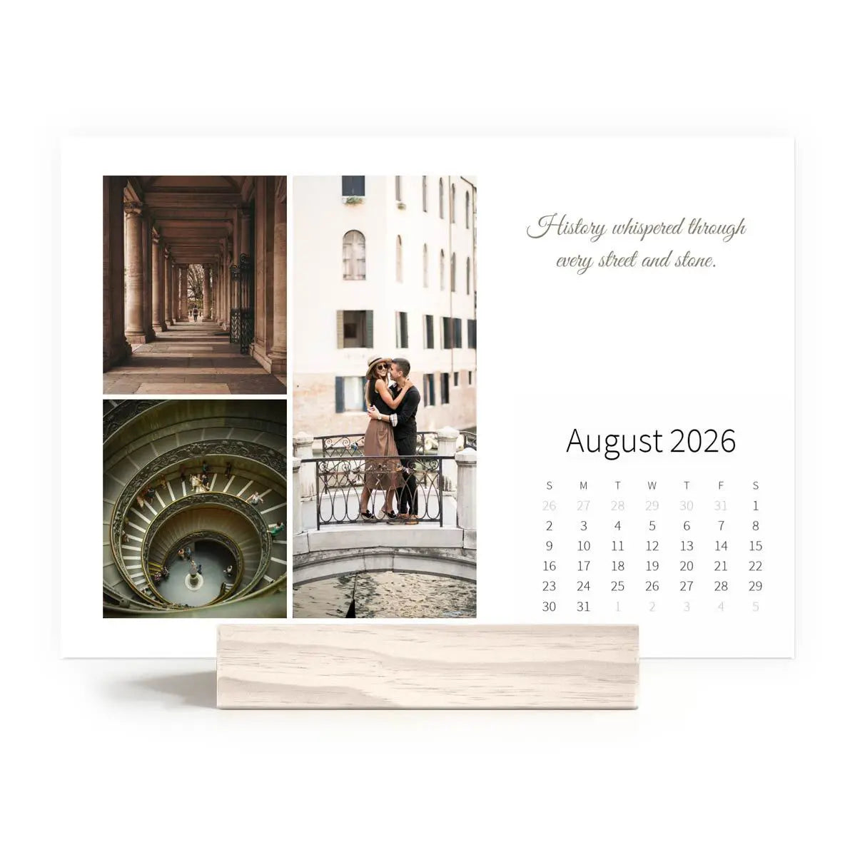 Desk calendar for August 2026 with scenic and romantic images of a couple exploring the city on a white background