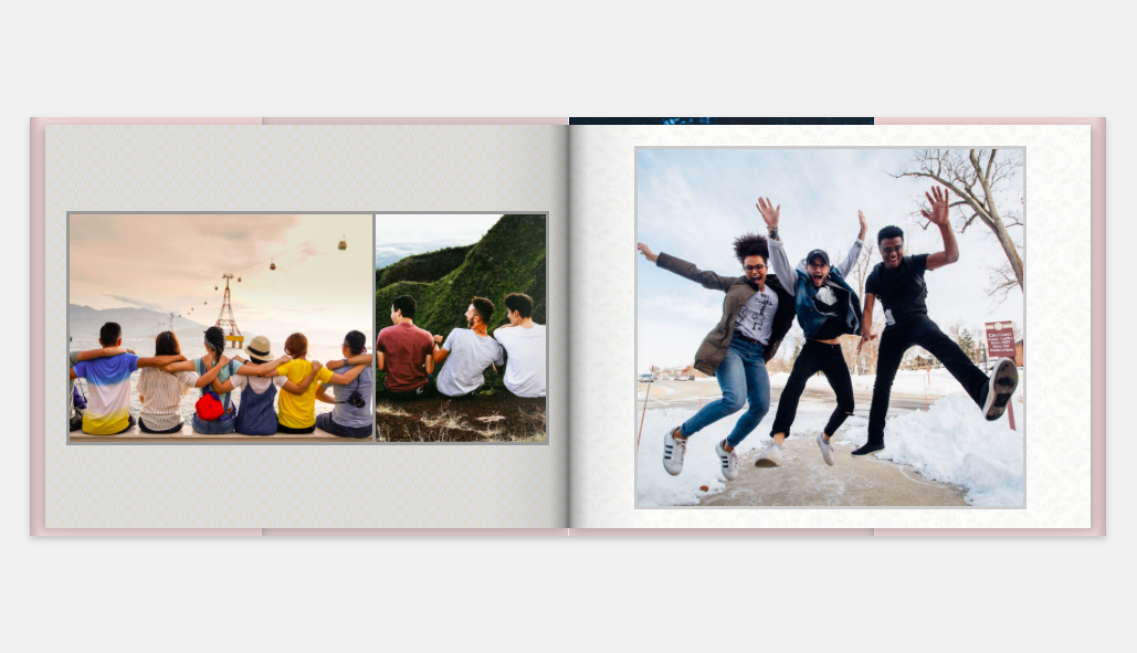 Photobook spread showing people having fun together.