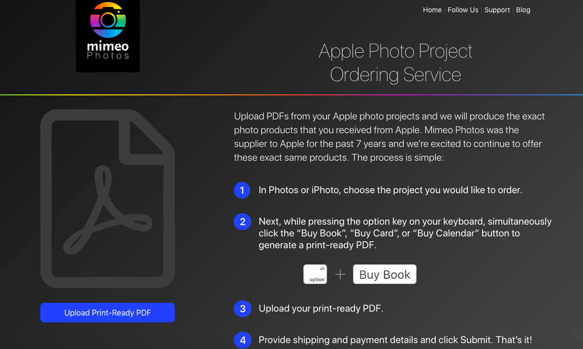 Screenshot of Apple Photo Project Ordering Service screen.