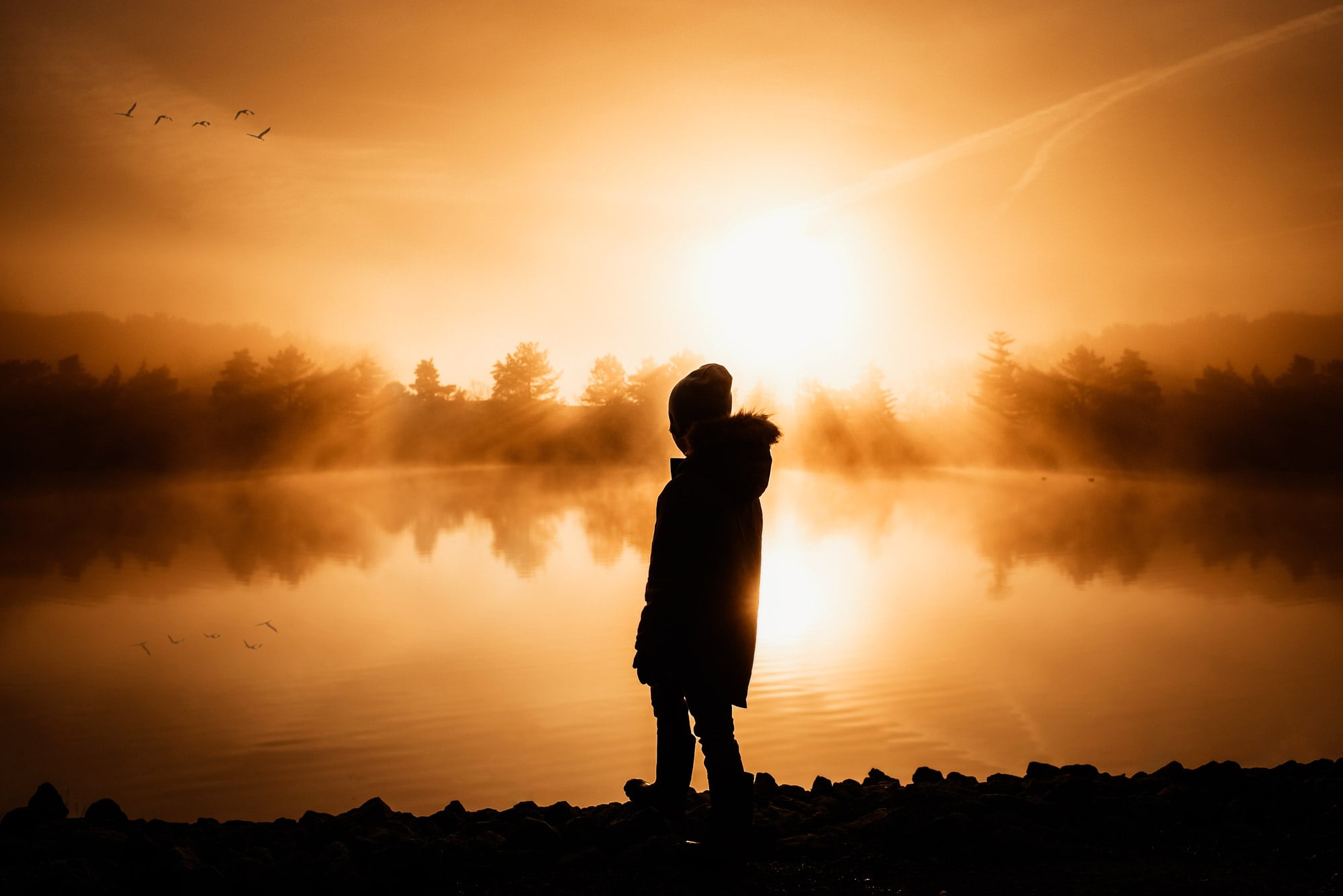 golden light during a foggy day with silhouette of a child