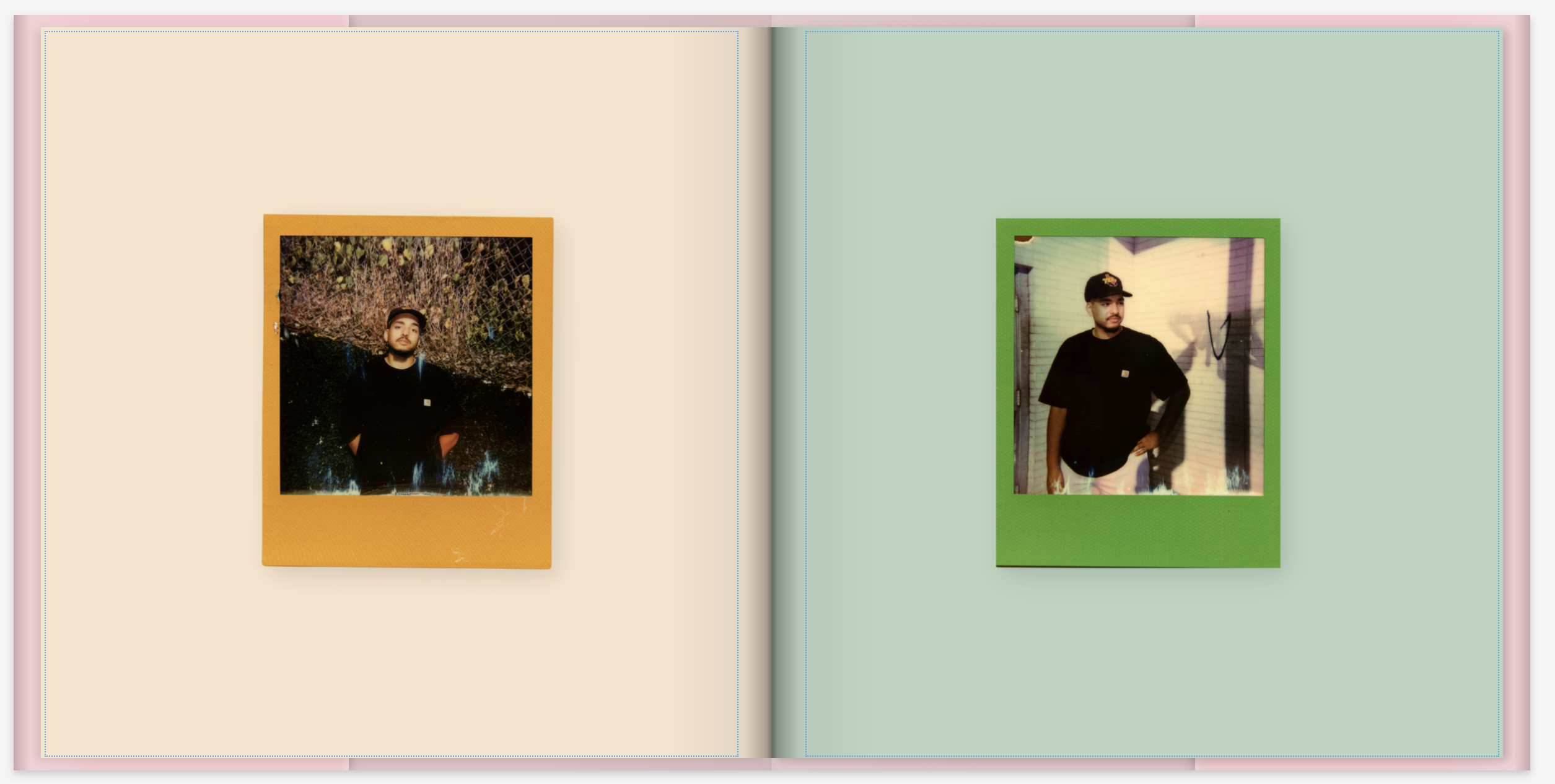 colorful polaroids on different color pages in a photobook